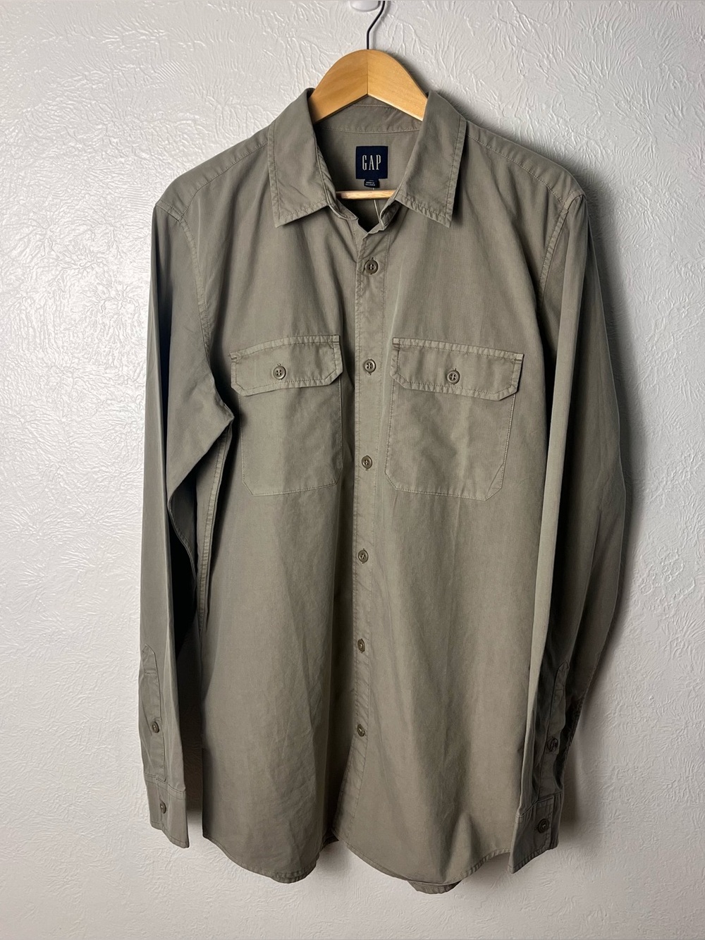 Gap Ripstop Button Down Long Sleeve Shirt Mens Medium Tall Green Cotton